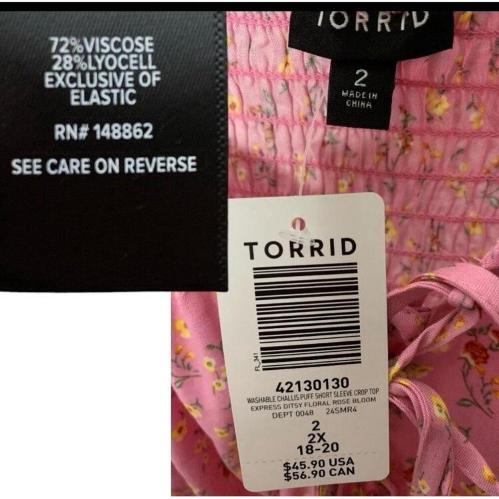 TORRID Pink Floral Challis Puff Short Sleeve Crop Top NWT Size 2X - Picture 8 of 10